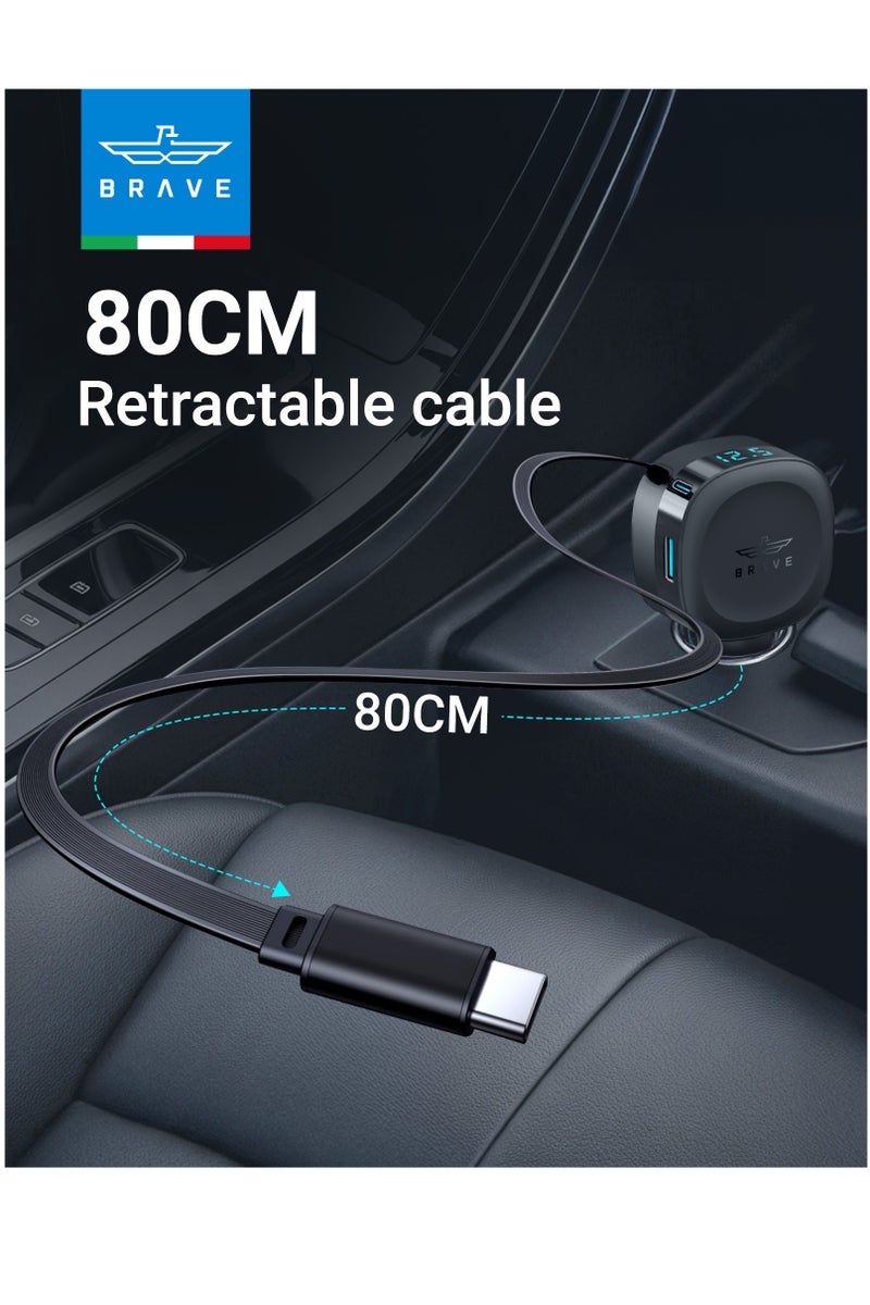 Brave 60W Retractable Car Charger with Built-in 30W USB-C Cable (80cm), 3-Port Fast Charging Adapter with LED Display – 2 Type-C Ports and 1 USB-A Port | PD Super Fast Car Charger for iPhone Air, iPhone 17/16/15/14, Samsung Galaxy S25/S24 Ultra/S23, iPad Pro/Air, MacBook Air/Pro, Huawei, Xiaomi, OnePlus, Google Pixel, Tab S9, AirPods, Earphones, Apple Watch | Built-in Retractable Car Adapter – Super Fast Power Delivery, Made of Fire-Resistant PC V0 Material, Suitable for All 12V/24V Vehicles - Image 4