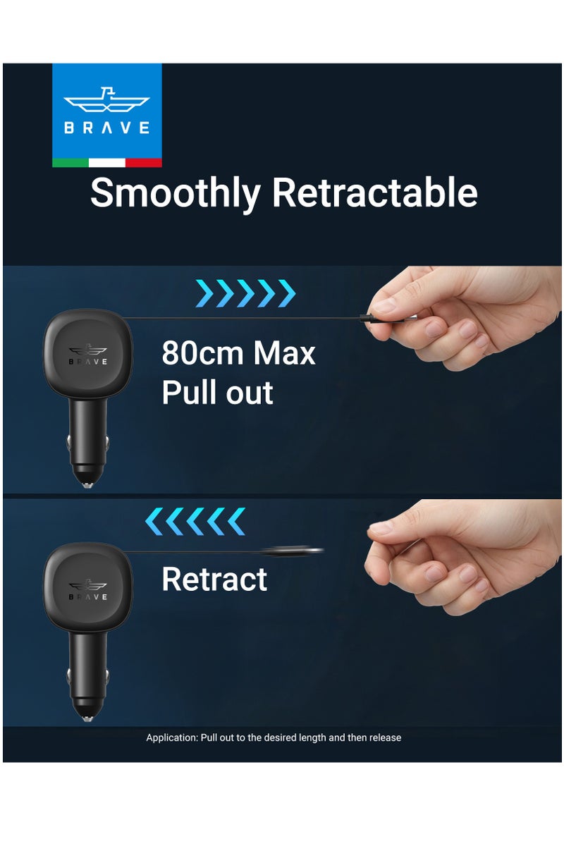 Brave 60W Retractable Car Charger with Built-in 30W USB-C Cable (80cm), 3-Port Fast Charging Adapter with LED Display – 2 Type-C Ports and 1 USB-A Port | PD Super Fast Car Charger for iPhone Air, iPhone 17/16/15/14, Samsung Galaxy S25/S24 Ultra/S23, iPad Pro/Air, MacBook Air/Pro, Huawei, Xiaomi, OnePlus, Google Pixel, Tab S9, AirPods, Earphones, Apple Watch | Built-in Retractable Car Adapter – Super Fast Power Delivery, Made of Fire-Resistant PC V0 Material, Suitable for All 12V/24V Vehicles - Image 5