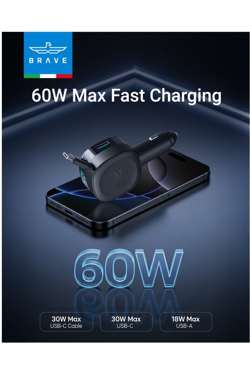 Brave 60W Retractable Car Charger with Built-in 30W USB-C Cable (80cm), 3-Port Fast Charging Adapter with LED Display – 2 Type-C Ports and 1 USB-A Port | PD Super Fast Car Charger for iPhone Air, iPhone 17/16/15/14, Samsung Galaxy S25/S24 Ultra/S23, iPad Pro/Air, MacBook Air/Pro, Huawei, Xiaomi, OnePlus, Google Pixel, Tab S9, AirPods, Earphones, Apple Watch | Built-in Retractable Car Adapter – Super Fast Power Delivery, Made of Fire-Resistant PC V0 Material, Suitable for All 12V/24V Vehicles - Image 3