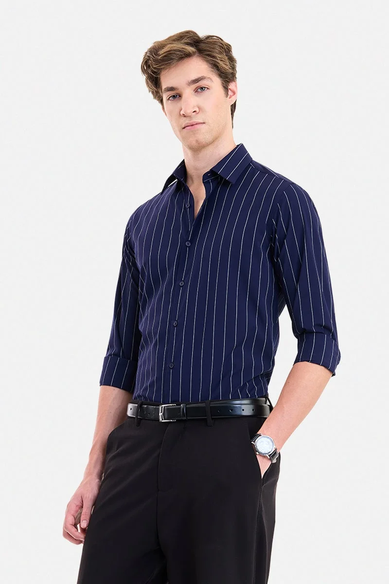 سنيتش Navy Striped Long Sleeve Slim Fit Formal Luxe Shirt