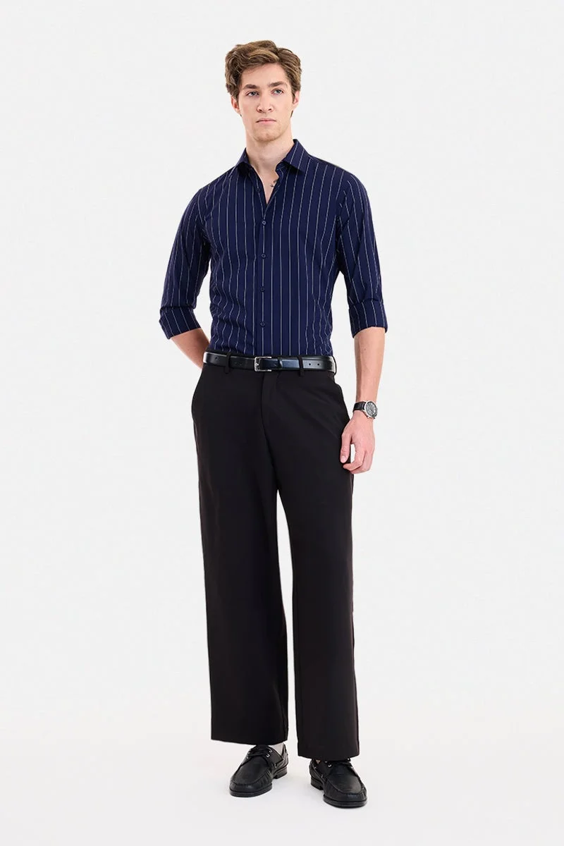 سنيتش Navy Striped Long Sleeve Slim Fit Formal Luxe Shirt
