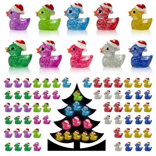 AWEELON 100PCS Christmas Glitter Mini Resin Ducks Luminous Miniature Figures Tiny Ducks Micro Landscape Garden Aquarium Dollhouse for Xmas Birthday Ornaments - Image 1