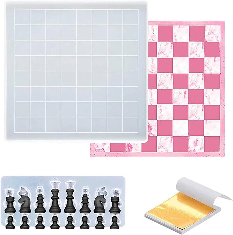 Snoogg Chess Resin Molds Set Including 12in Silicone Checker Chess Board and 3D Piece for Resin Mold/with Finger Cap, Dropper, Pouring Cup and Mixing Stick - Image 1