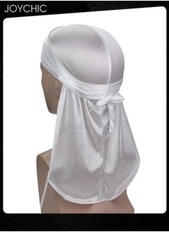 Joychic New Style Soild Pattern Silk Durag Satin for Men Pirate Caps Long Tail Decoration Head Wrap Elastic Beanie Hats Waves Hijab White  - Image 1