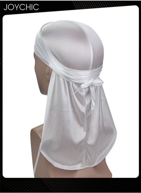 New Style Soild Pattern Silk Durag Satin for Men Pirate Caps Long Tail Decoration Head Wrap Elastic Beanie Hats Waves Hijab White