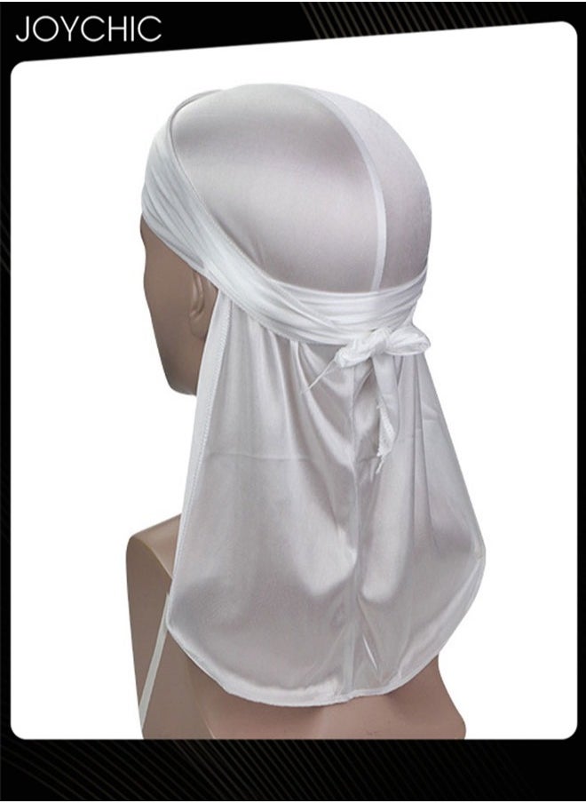 New Style Soild Pattern Silk Durag Satin for Men Pirate Caps Long Tail Decoration Head Wrap Elastic Beanie Hats Waves Hijab White