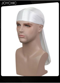 Joychic New Style Soild Pattern Silk Durag Satin for Men Pirate Caps Long Tail Decoration Head Wrap Elastic Beanie Hats Waves Hijab White  - Image 2
