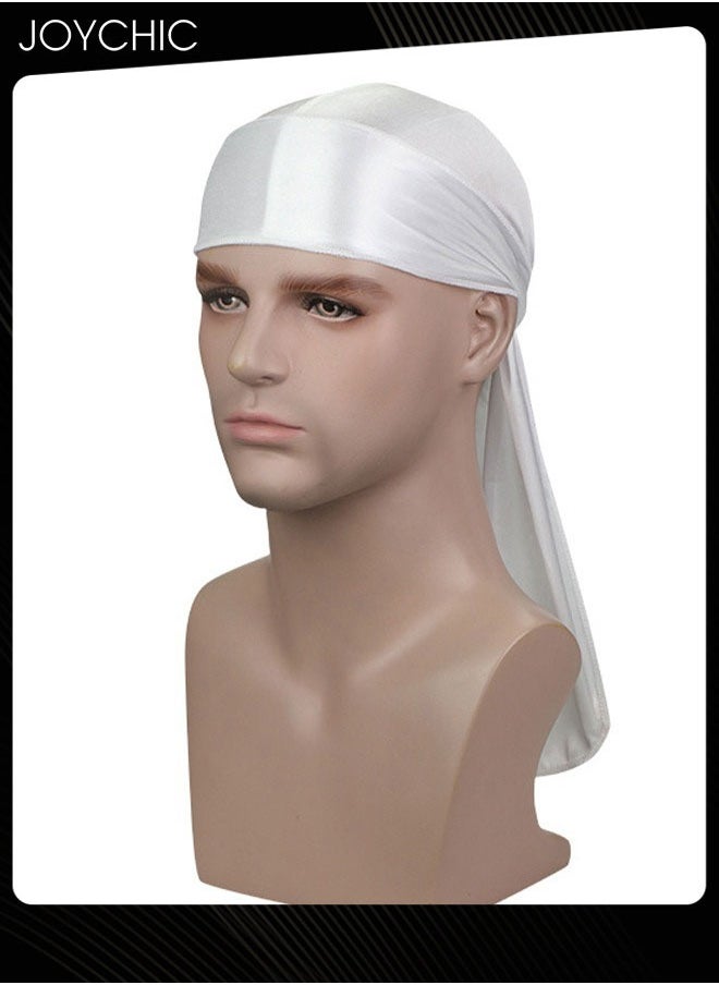 New Style Soild Pattern Silk Durag Satin for Men Pirate Caps Long Tail Decoration Head Wrap Elastic Beanie Hats Waves Hijab White