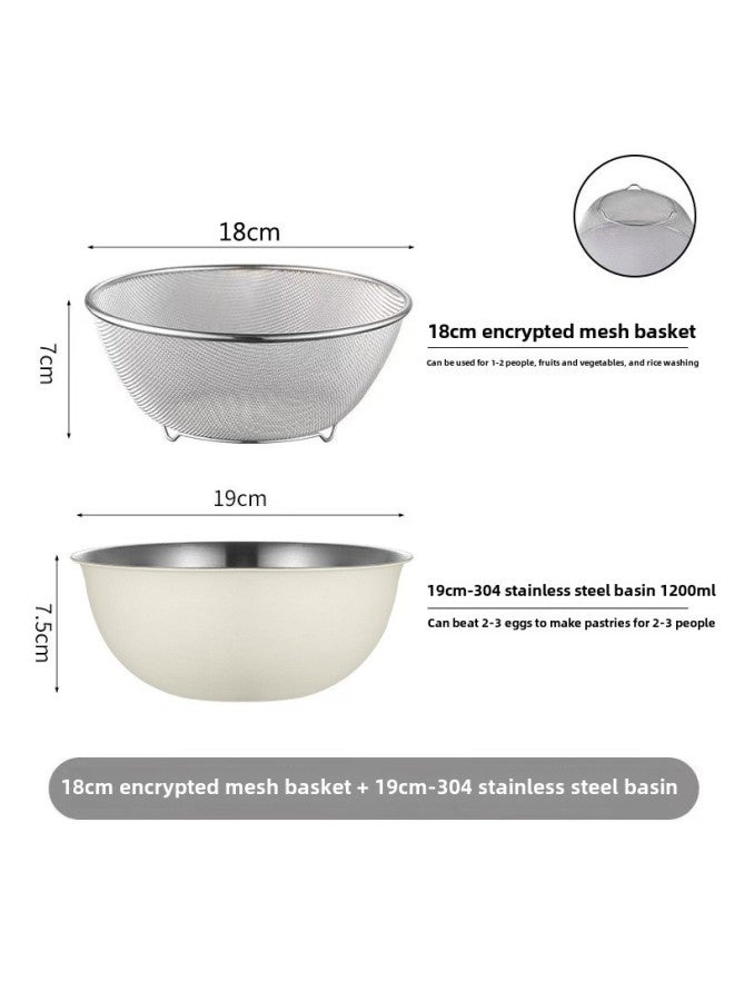 304 Stainless Steel Drain Basket For Vegetable Washing Blue Vegetable Basin With Scale Salad Bowl Rice Washing Egg Basin Drain Basin Set-Specifications:18+19CM-off-white-304 Basin-two-piece Set-Color:Two Colors Available - Image 1