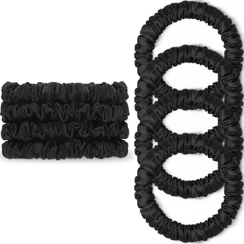 WantGor Scrunchies Hair Ties Silk Satin Scrunchy, WantGor Women 4PC Pure Mulberry Silk Skinny Elastic Scrunchies Hair Bands Bracelets Ponytail Holders Hair Accessories (Black*4) - Image 1