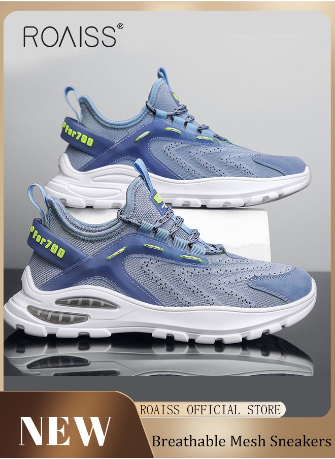roaiss New Men Flyknit Mesh Running Shoes Stylish Comfortable Breathable Upper Outdoor Sneakers Low Top Athletic Shoes Mens Sport Walking Shoes with Elastic Air Cushion Sole Colorblock Sneakers  - Image 1
