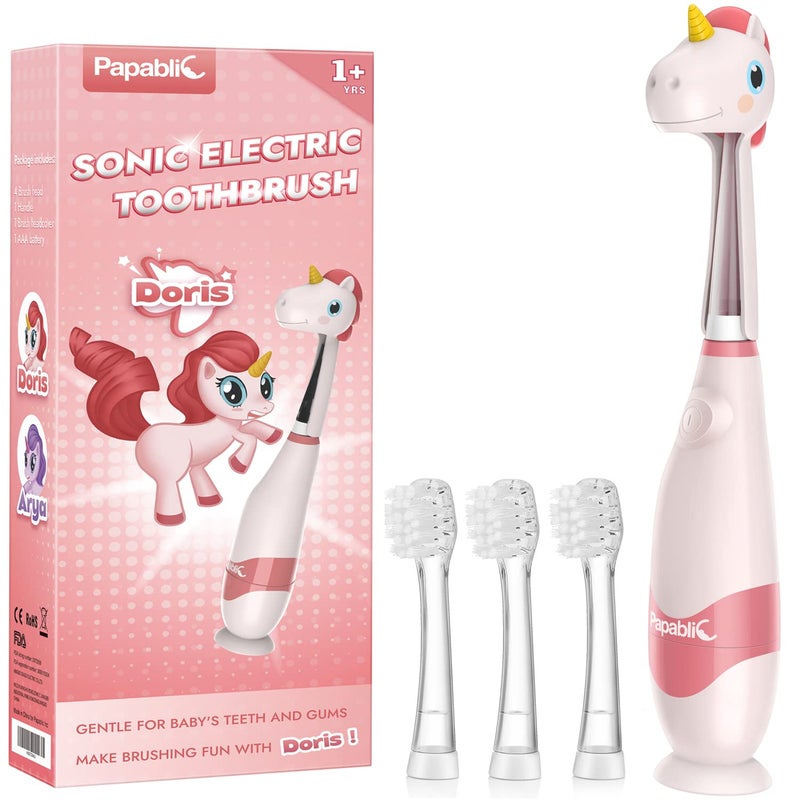 Papablic Toddler Sonic Electric Toothbrush Kids for Ages 13 Years Baby Electric Toothbrush with Cute Unicorn Cover and Smart LED Timer 4 Brush Heads Doris