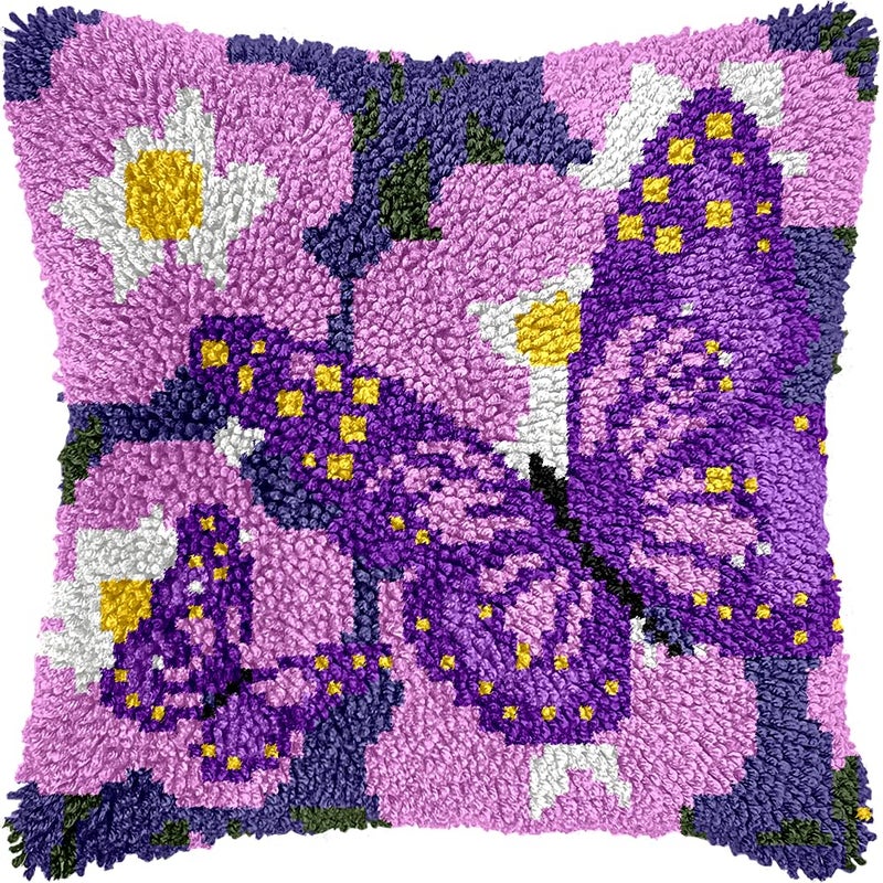 veirousa Butterfly Floral Latch Hook Kits for Adults Beginners DIY Crochet Pillow Kit PrePrinted Pillowcase Hook and Latch Rug Kits Needlework Cushion Cover for Home Sofa Decoration 17x17 in - Image 2