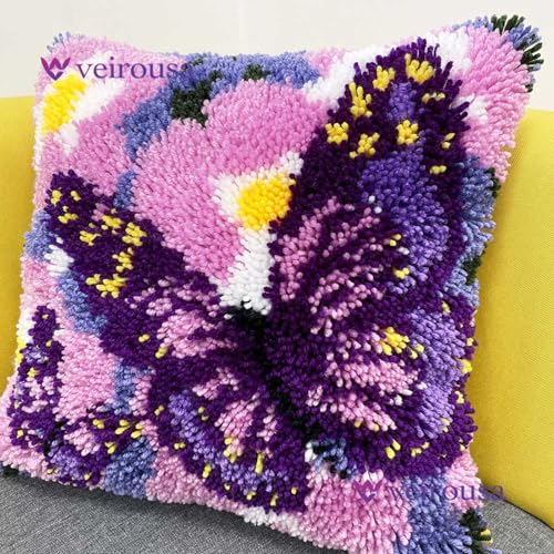 veirousa Butterfly Floral Latch Hook Kits for Adults Beginners DIY Crochet Pillow Kit PrePrinted Pillowcase Hook and Latch Rug Kits Needlework Cushion Cover for Home Sofa Decoration 17x17 in - Image 3