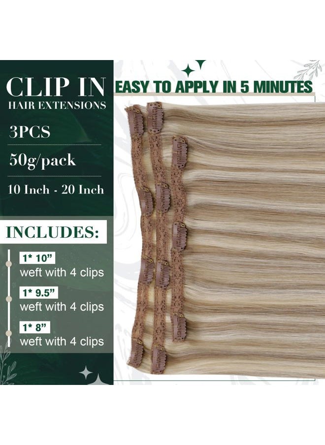 RUNATURE Human Hair Clip in Extensions, Short Straight Clip in Hair Extensions Real Human Hair, Remy Natural Hair for Women 12 Inch 50g 3pcs #8P60 Light Brown Highlight Platinum Blonde  - Image 3