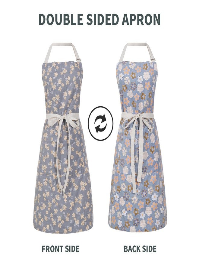 Aoomzoon Kitchen Aprons for Women with 2 Pockets,Double Sided Vintage Adjustable Apron for Gardening Cooking Arting Painting (Yellow/Blue Flower) - Image 2