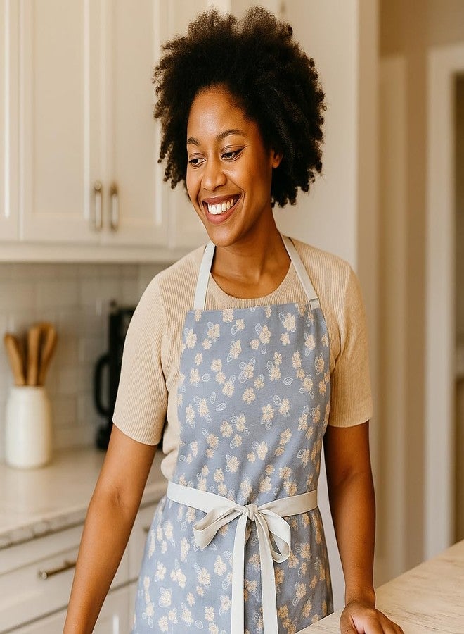 Aoomzoon Kitchen Aprons for Women with 2 Pockets,Double Sided Vintage Adjustable Apron for Gardening Cooking Arting Painting (Yellow/Blue Flower) - Image 3