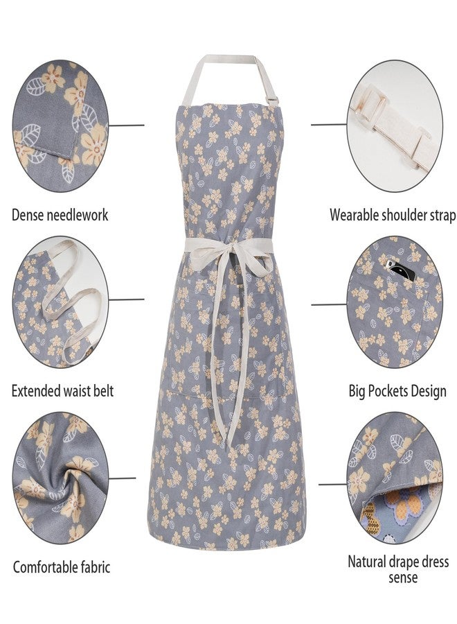 Aoomzoon Kitchen Aprons for Women with 2 Pockets,Double Sided Vintage Adjustable Apron for Gardening Cooking Arting Painting (Yellow/Blue Flower) - Image 4