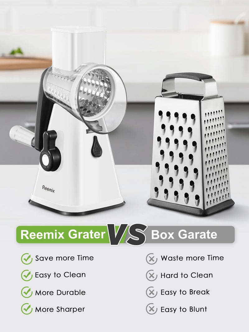 Reemix Rotary Cheese Grater with Handle, Reemix Vegetable Cheese Shredder Slicer Grater for Kitchen 3 Changeable Blades for Cheese Potato Zucchini Nuts Chocolate (White) - Image 2