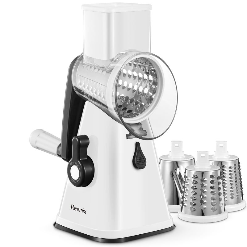 Reemix Rotary Cheese Grater with Handle, Reemix Vegetable Cheese Shredder Slicer Grater for Kitchen 3 Changeable Blades for Cheese Potato Zucchini Nuts Chocolate (White) - Image 1
