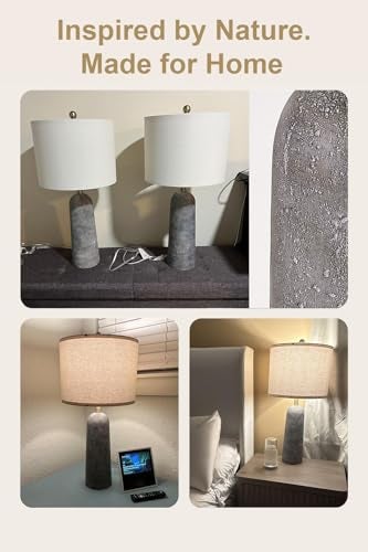 BOBOMOMO 2725 Modern Table Lamp Set of 2 Gray Resin Lamp with Natural Stone Look Lamps for Living Room with Linen Shades Nightstand Lamp for Bedroom Living Room Entryway - Image 3