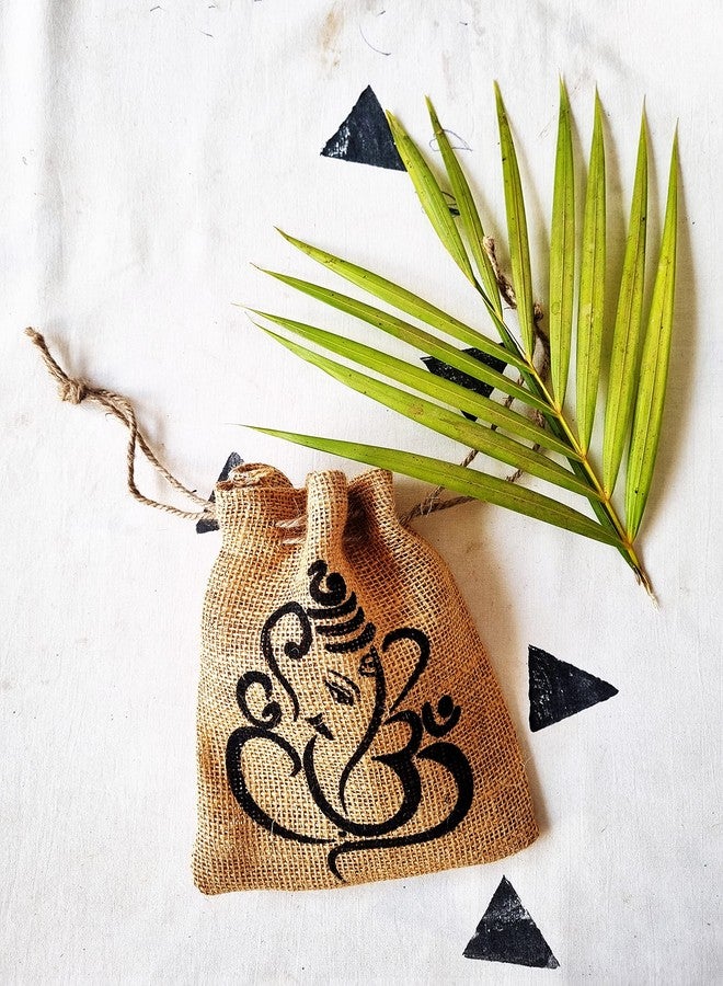 Handmakers Women Brown Jute gift potli pouch with ganesh print (set of 15) - Image 2