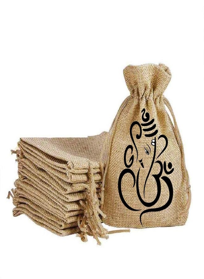 Handmakers Women Brown Jute gift potli pouch with ganesh print (set of 15) - Image 1