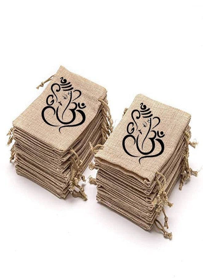 Handmakers Women Brown Jute gift potli pouch with ganesh print (set of 15) - Image 4