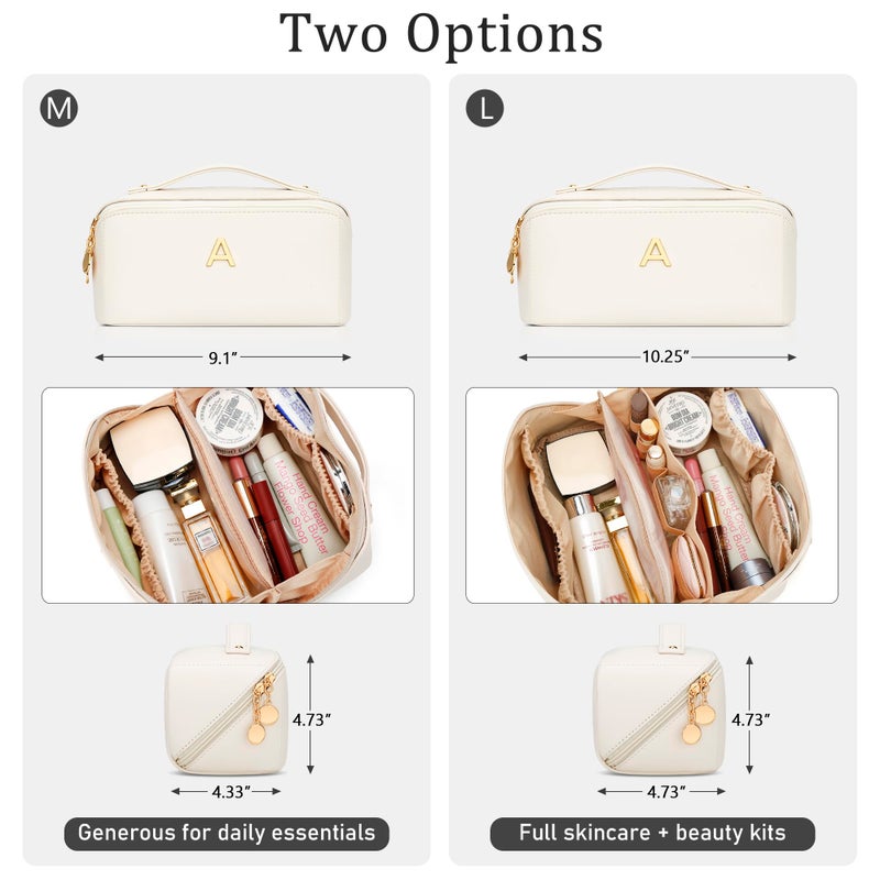 CLOUDWINGS Initial Makeup Bag Gifts for Women Bridesmaid Gifts Travel Toiletry Personalized PU Leather Waterproof Cosmetic Bag (Medium-Beige-A) - Image 2