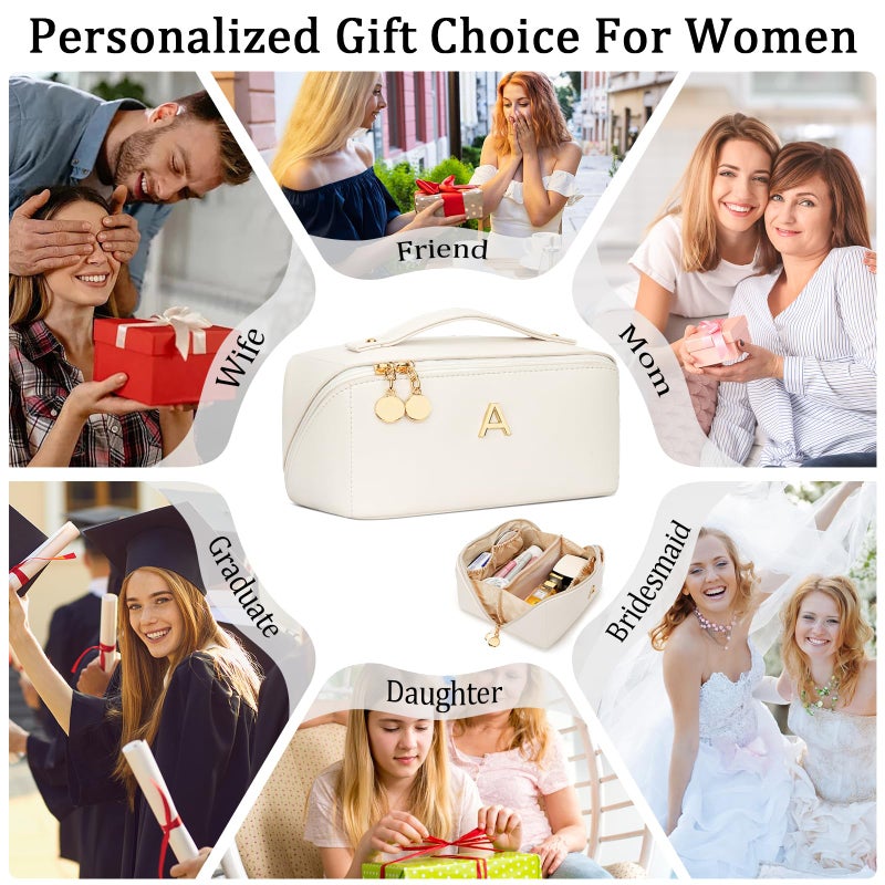 CLOUDWINGS Initial Makeup Bag Gifts for Women Bridesmaid Gifts Travel Toiletry Personalized PU Leather Waterproof Cosmetic Bag (Medium-Beige-A) - Image 4