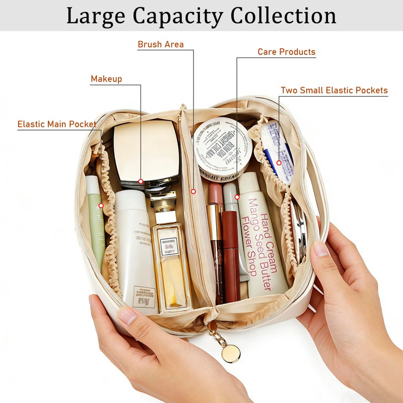 CLOUDWINGS Initial Makeup Bag Gifts for Women Bridesmaid Gifts Travel Toiletry Personalized PU Leather Waterproof Cosmetic Bag (Medium-Beige-A) - Image 3