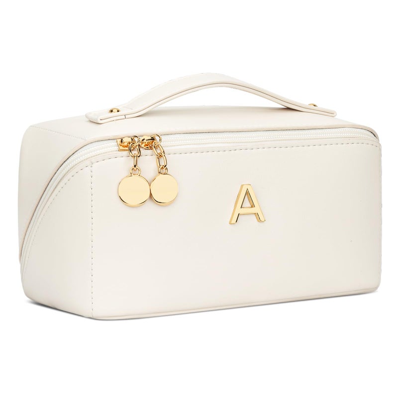 CLOUDWINGS Initial Makeup Bag Gifts for Women Bridesmaid Gifts Travel Toiletry Personalized PU Leather Waterproof Cosmetic Bag (Medium-Beige-A) - Image 1