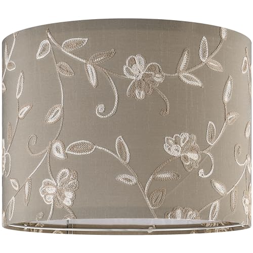 PIKOPIKO Creme Fabric Drum Lamp Shade with Embroidered Leaf Trim 13 Top x 13 Bottom x 10 High Spider Medium Lamp Shade for Table Bedside Lamp Replacement Lampshades in Hand Crafted - Image 1