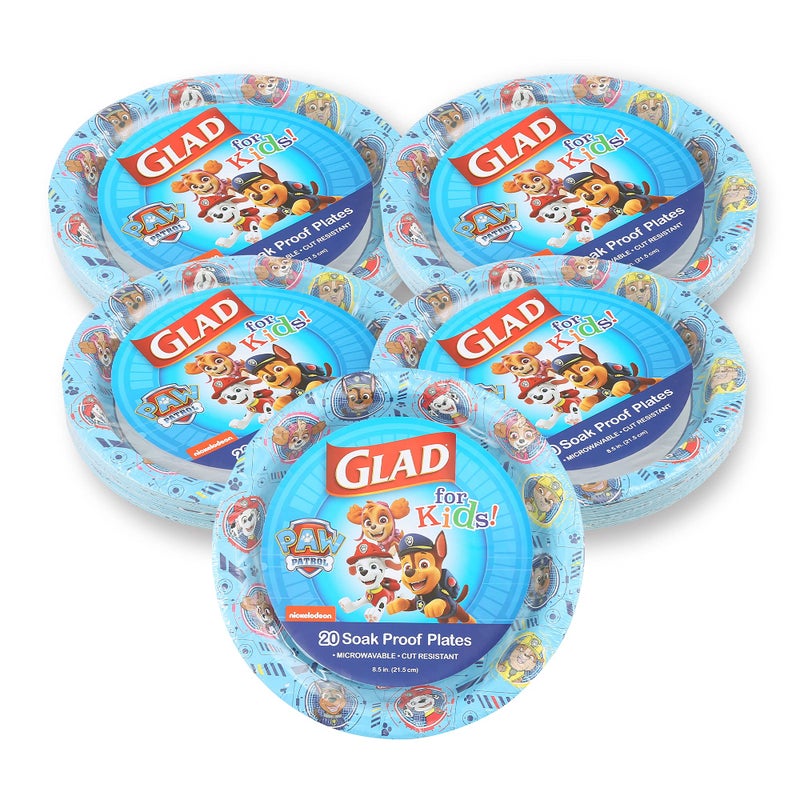 Glad for Kids 8 1/2"" Paper Plates  Small Blue Round with Paw Patrol Design  Heavy Duty Disposable Soak Proof Microwavable  Core Pups Blue  8.5""  Pack of 100 - Image 1