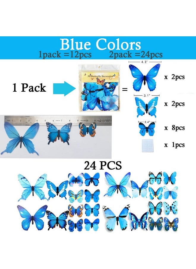 Ewong Butterfly Wall Decals 24Pcs Room Decor Wall Art 3D Butterflies Mural Sticker Home Decoration Kid Girl Bedroom Bathroom Nursery Classroom Office Party Removable Decorative (Blue)  - Image 4