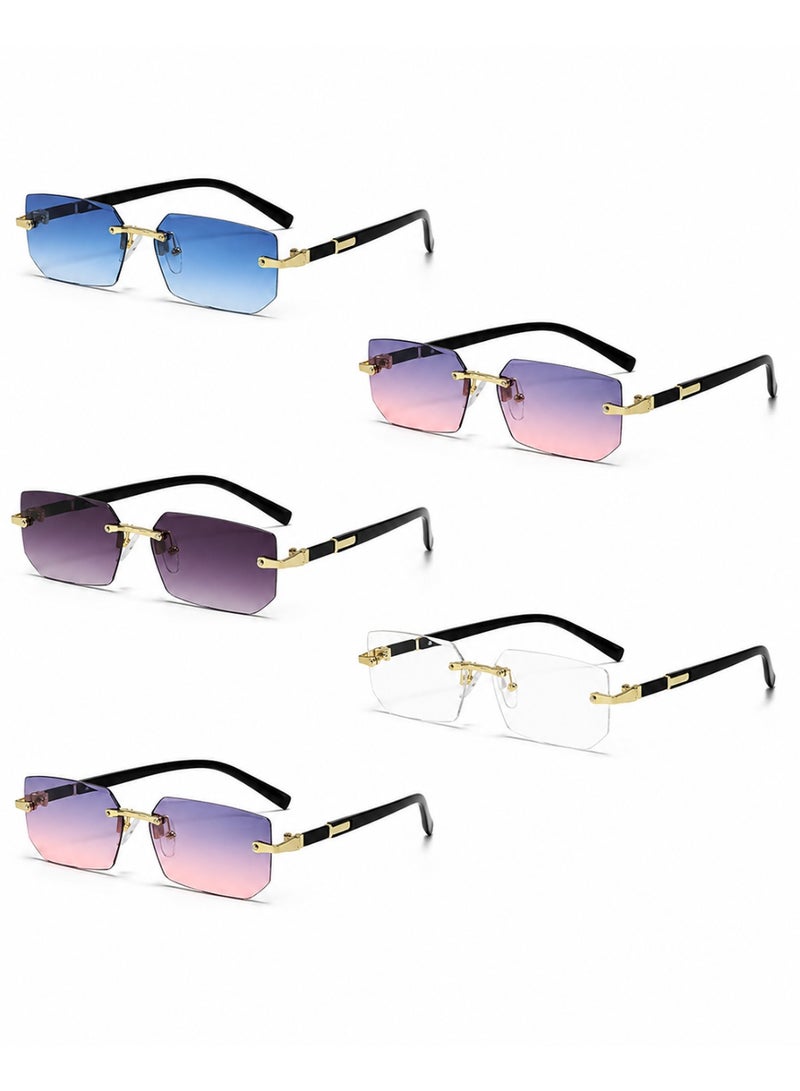 Gasin 5-Piece Rimless Geometric Sunglasses Set with Gold-Tone Details, Gray Gradient, Black-Gray, Blue-Pink Gradient, Light Blue-Gray and Clear - Image 2