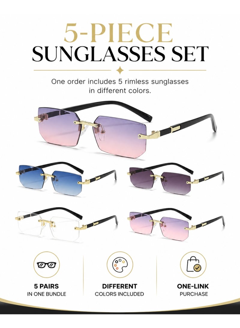 Gasin 5-Piece Rimless Geometric Sunglasses Set with Gold-Tone Details, Gray Gradient, Black-Gray, Blue-Pink Gradient, Light Blue-Gray and Clear - Image 3