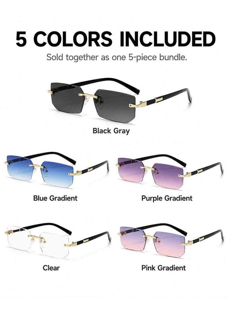 Gasin 5-Piece Rimless Geometric Sunglasses Set with Gold-Tone Details, Gray Gradient, Black-Gray, Blue-Pink Gradient, Light Blue-Gray and Clear - Image 4