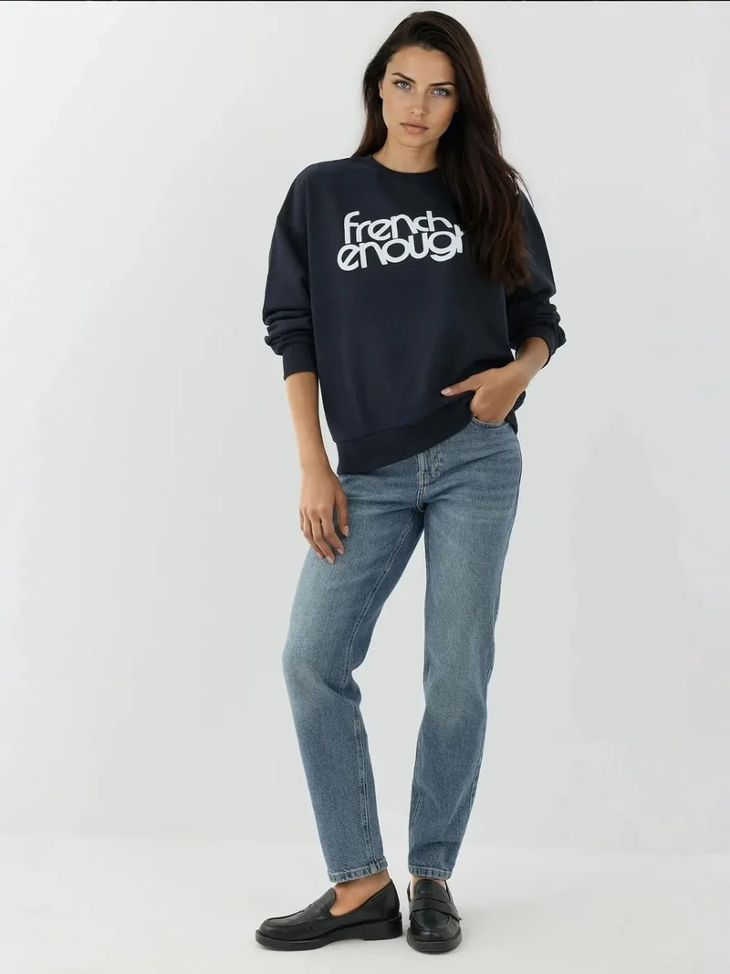 Hiccup Navy Blue Printed Crew Neck Long Sleeve Raised Sweatshirt for Women | Best Price UAE
