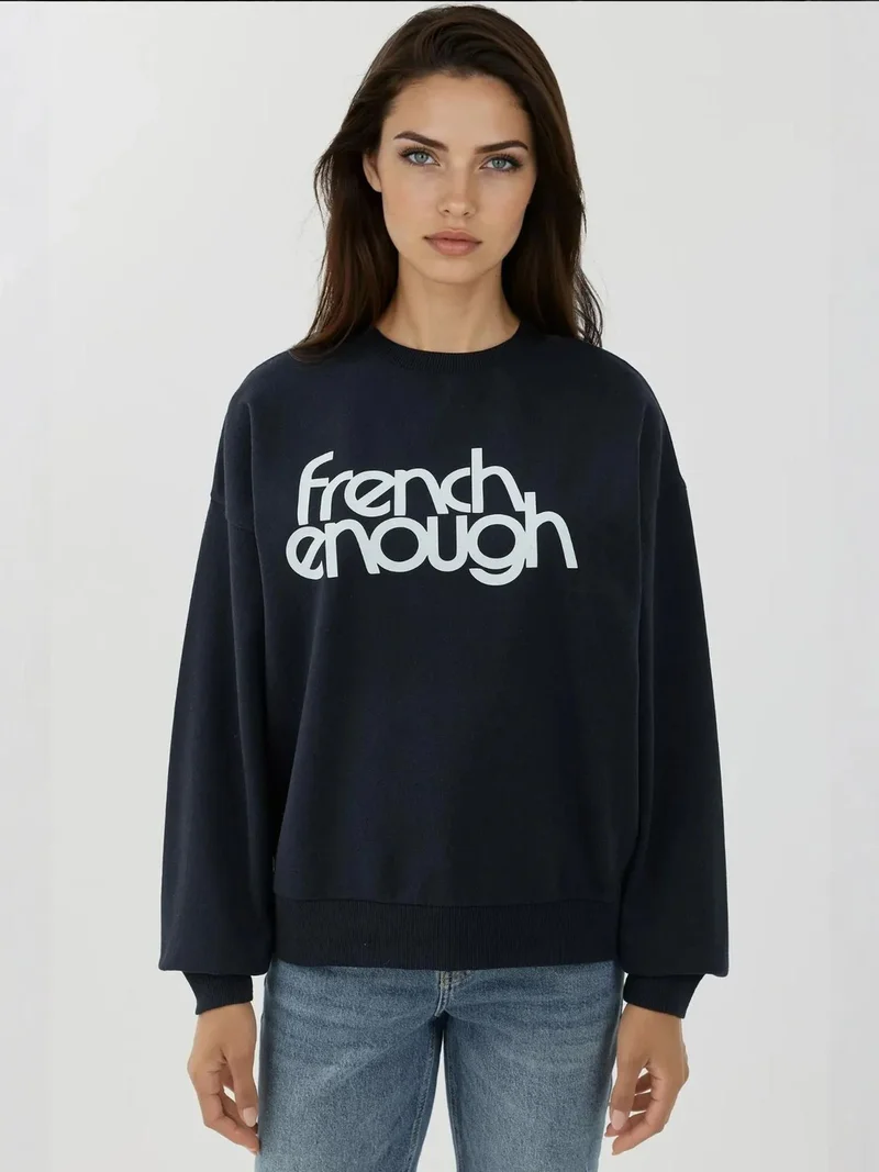Hiccup Navy Blue Printed Crew Neck Long Sleeve Raised Sweatshirt for Women | Best Price UAE