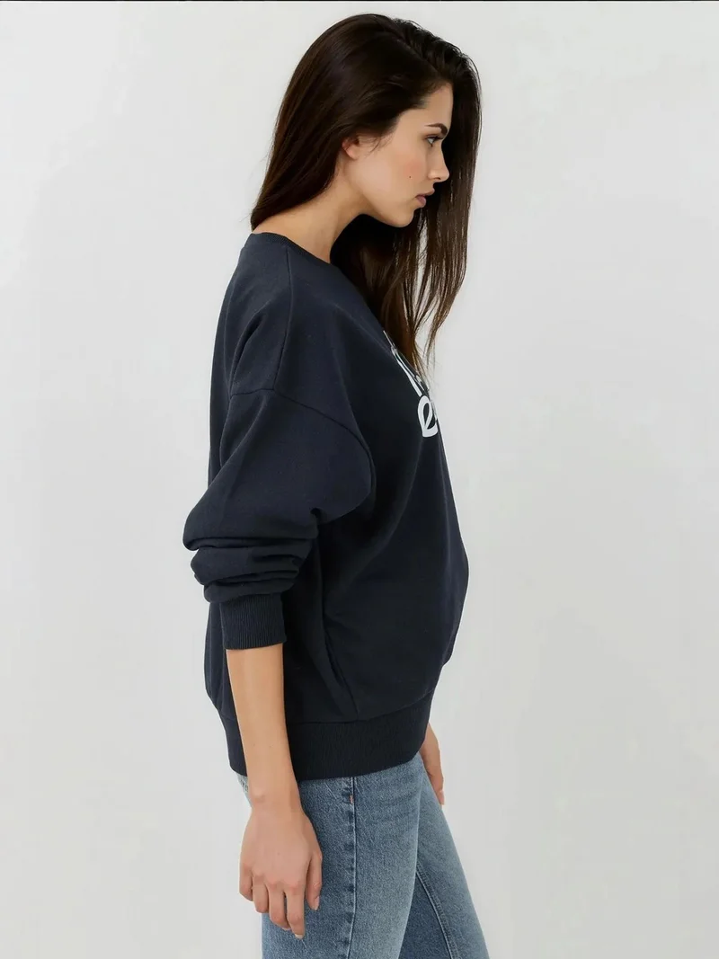 Hiccup Navy Blue Printed Crew Neck Long Sleeve Raised Sweatshirt for Women | Best Price UAE