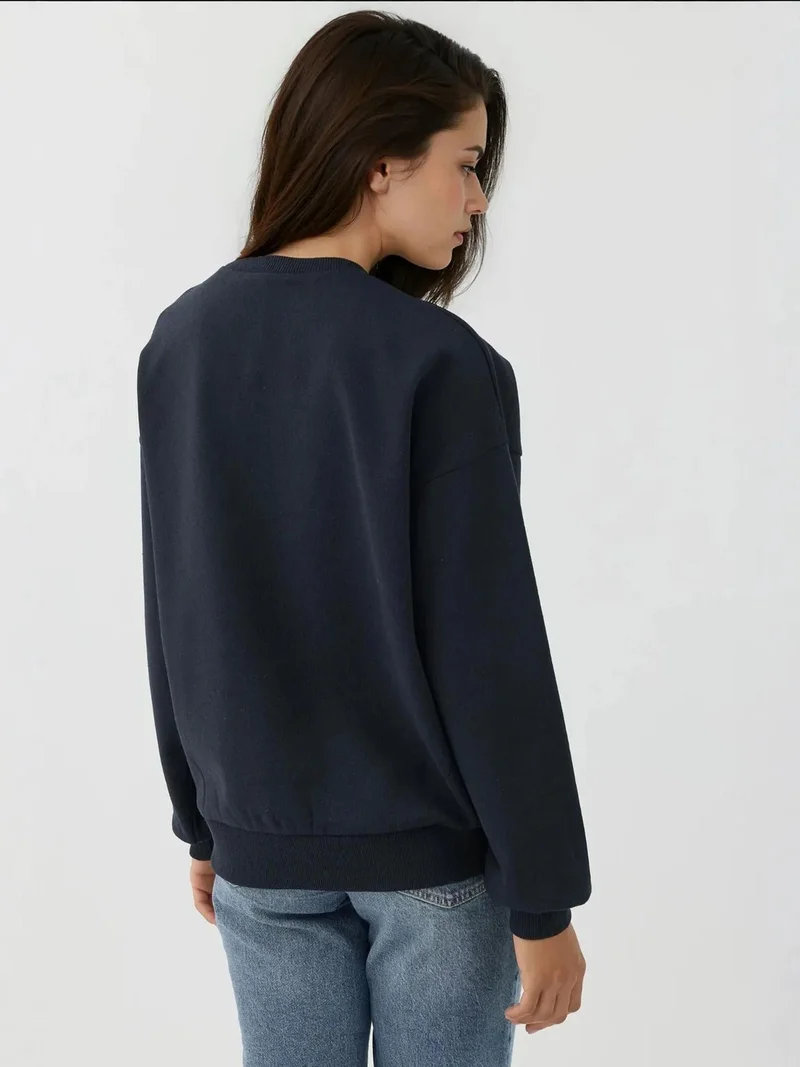 Hiccup Navy Blue Printed Crew Neck Long Sleeve Raised Sweatshirt for Women | Best Price UAE