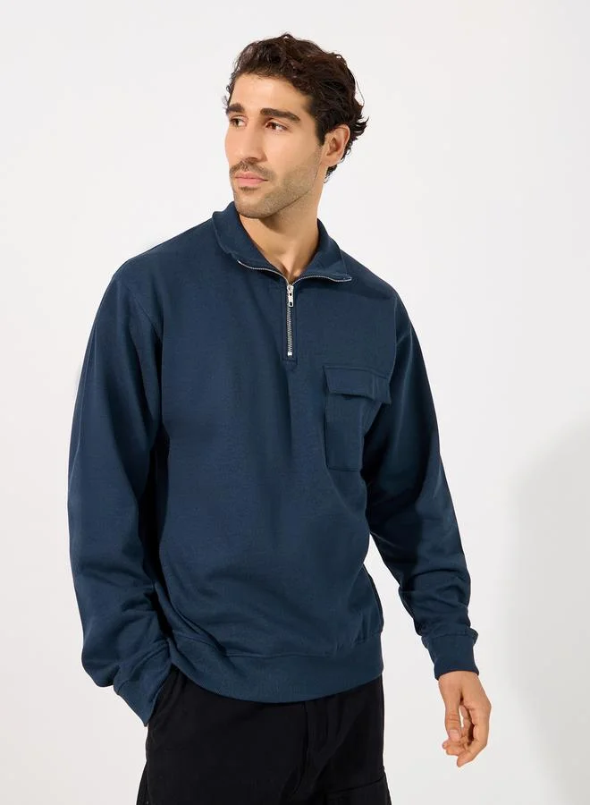 Styli Quarter Zip Rib High Neck Relaxed Fit Sweatshirt