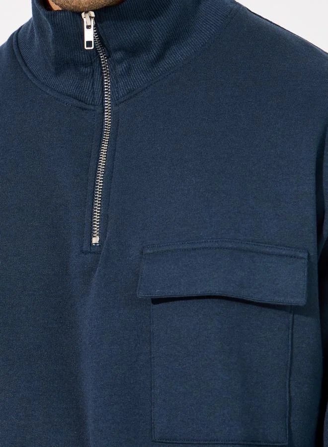 Styli Quarter Zip Rib High Neck Relaxed Fit Sweatshirt