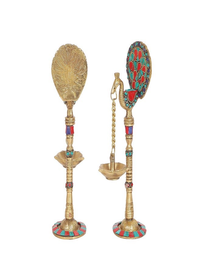 Two Moustaches Gemstone Work Peacock Design 9 Inches Brass Hanging Diya Pair, Brass Diyas for Decoration, Brass Oil Lamp, Brass Diya for Puja, Housewarming Gifts, Standard, Pack of 2 - Image 2