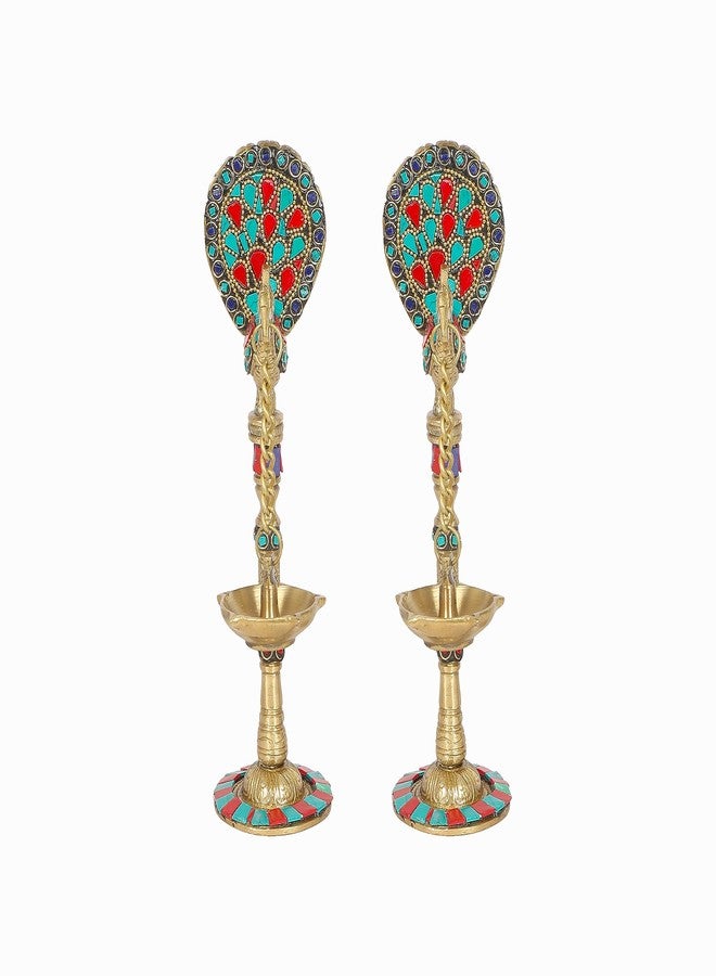 Two Moustaches Gemstone Work Peacock Design 9 Inches Brass Hanging Diya Pair, Brass Diyas for Decoration, Brass Oil Lamp, Brass Diya for Puja, Housewarming Gifts, Standard, Pack of 2 - Image 4