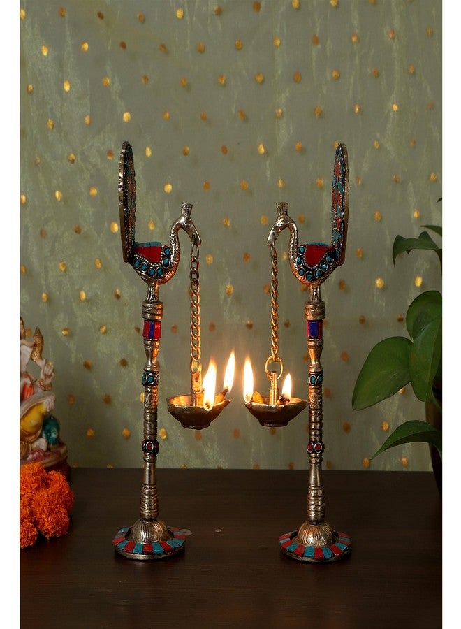 Two Moustaches Gemstone Work Peacock Design 9 Inches Brass Hanging Diya Pair, Brass Diyas for Decoration, Brass Oil Lamp, Brass Diya for Puja, Housewarming Gifts, Standard, Pack of 2 - Image 5