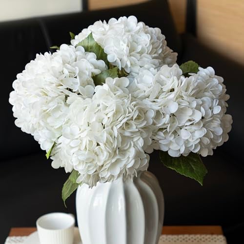 DUYONE 4PCS Artificial Flowers Large Hydrangeas Flowers Latex Bouquet for Wedding Bridal Office Home Party Decoration (4Pcs White) - Image 1