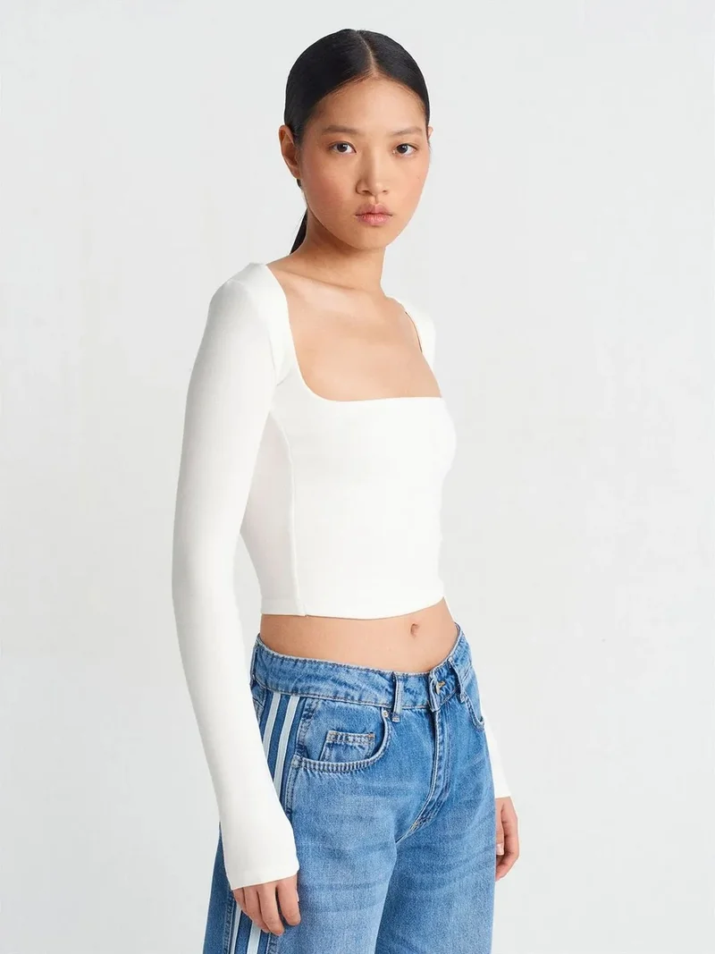 ديلفين Dilvin Women's Cropped Cut-out Square-neck Blouse