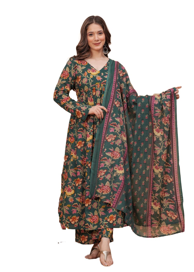 MEERA FAB Women Cotton Blend V-Neck Anarkali Printed Kurta with Palazzo & Dupatta, Green, Small - Image 1